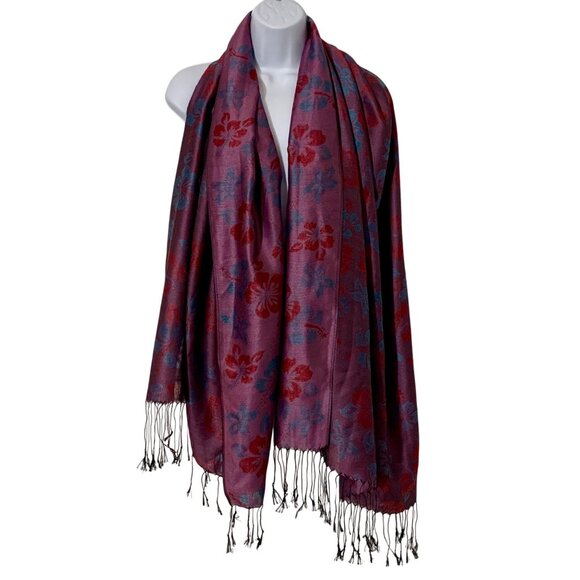 Purple Blue Red Floral Pattern Pashmina Shawl Wrap Scarf Fringe/Tassels - Picture 2 of 4